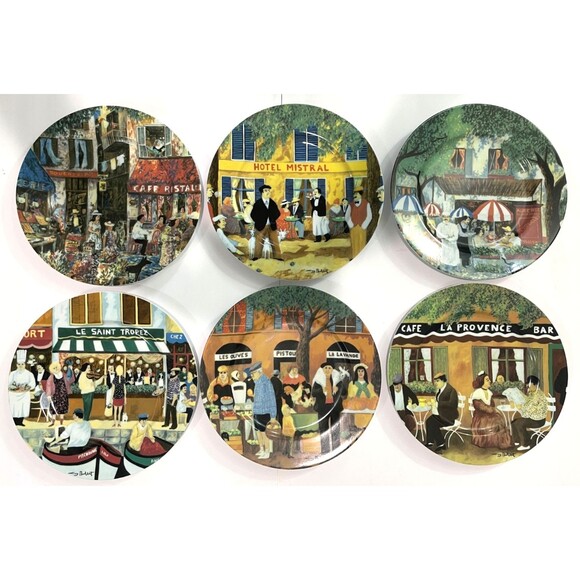 Complete Set of 6 GUY BUFFET Marche Aux Fleurs Dinner Plates French Cafe Scenes - Picture 6 of 14